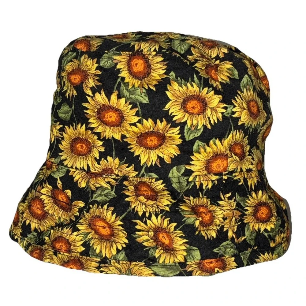 Dorfman Pacific Bucket Hat L/XL Black Yellow Sunflowers Sun Hippie Boho Vintage‎